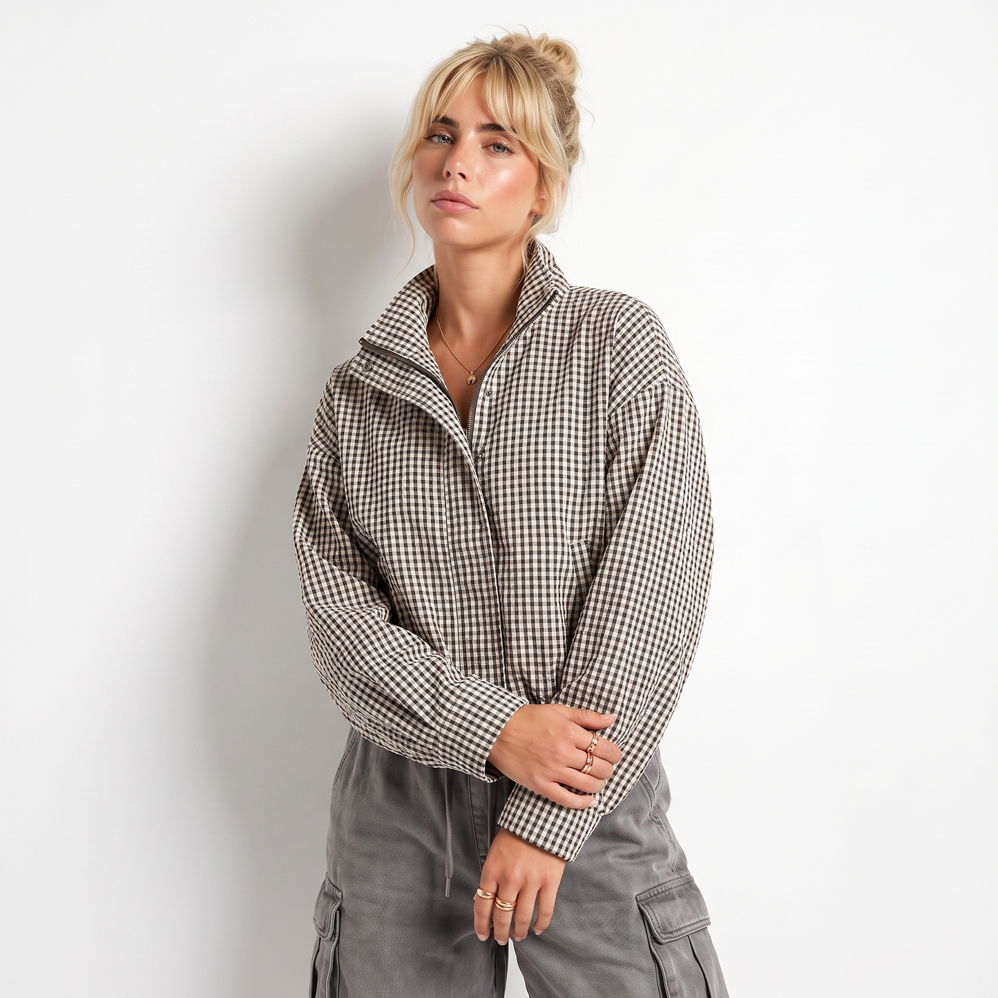 Sunoire plaid stand collar zip jacket top crop 3q 01