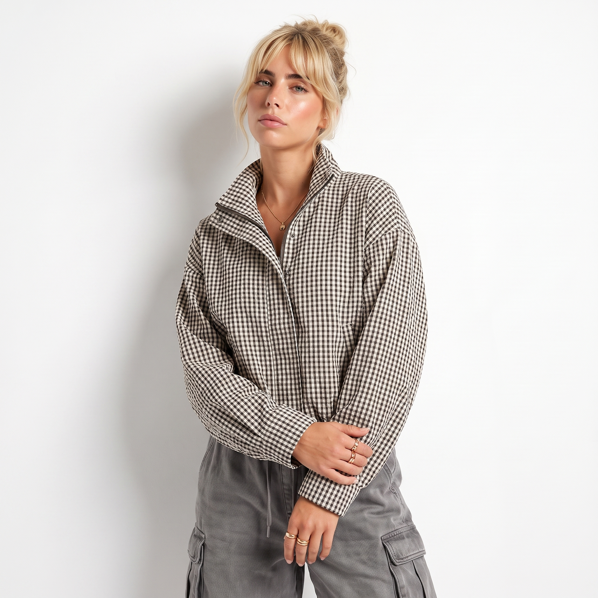 Sunoire plaid stand collar zip jacket top crop 3q 01