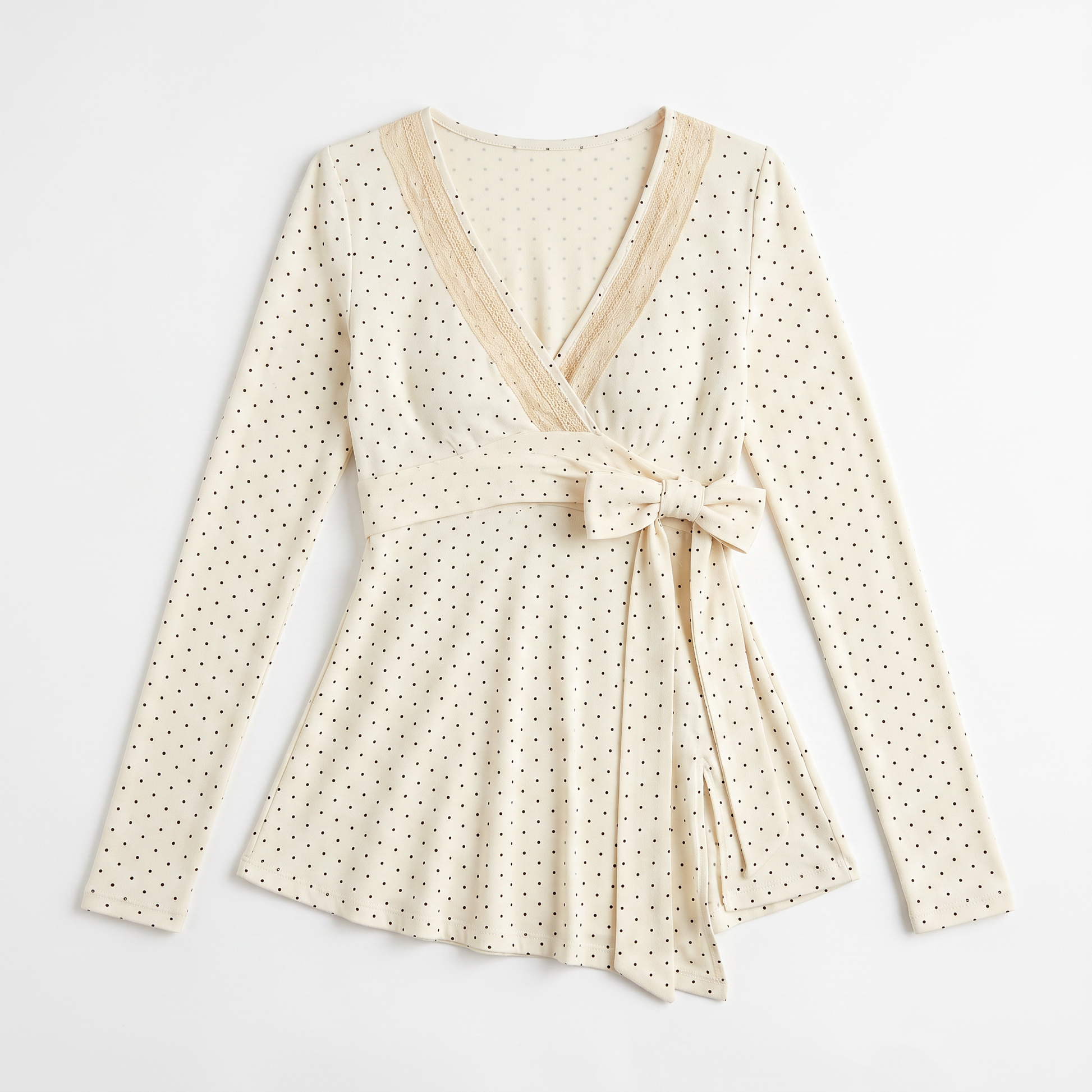 Sunoire polka dot v neck blouse lace up a line top with long sleeves coquette style spring fall layering piece garment flatlay 01