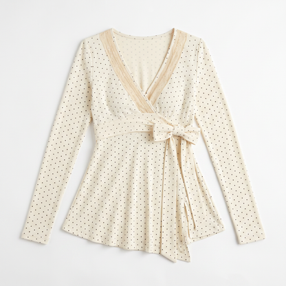 Sunoire polka dot v neck blouse lace up a line top with long sleeves coquette style spring fall layering piece garment flatlay 01