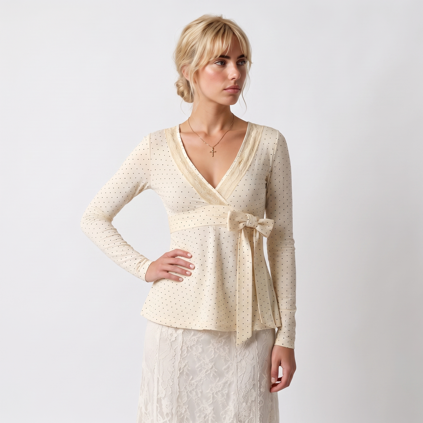 Sunoire polka dot v neck blouse lace up a line top with long sleeves coquette style spring fall layering piece top crop 3q 01