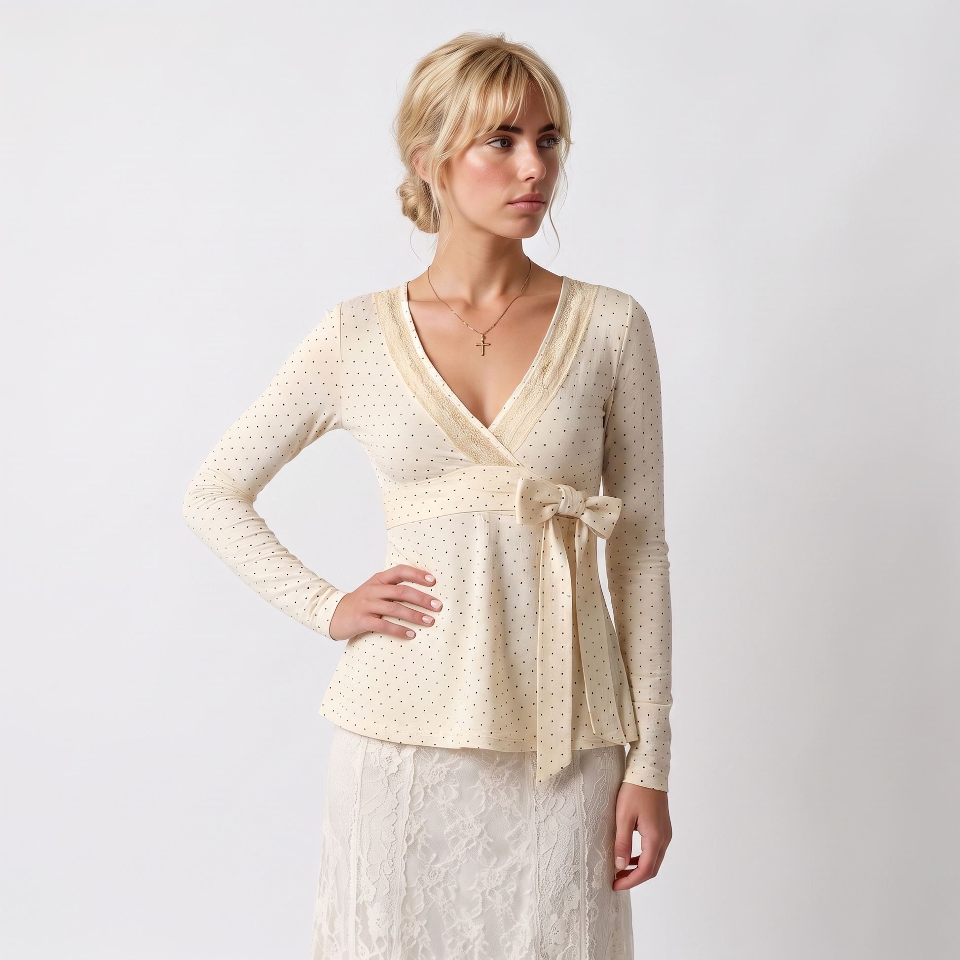 Sunoire polka dot v neck blouse lace up a line top with long sleeves coquette style spring fall layering piece top crop 3q 01