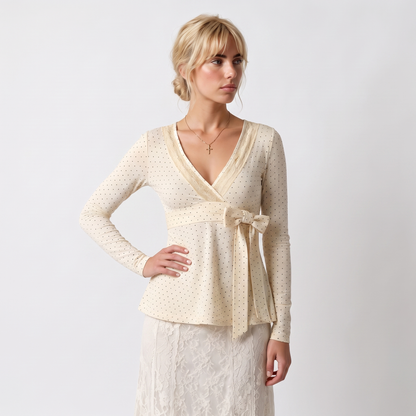 Sunoire polka dot v neck blouse lace up a line top with long sleeves coquette style spring fall layering piece top crop 3q 01