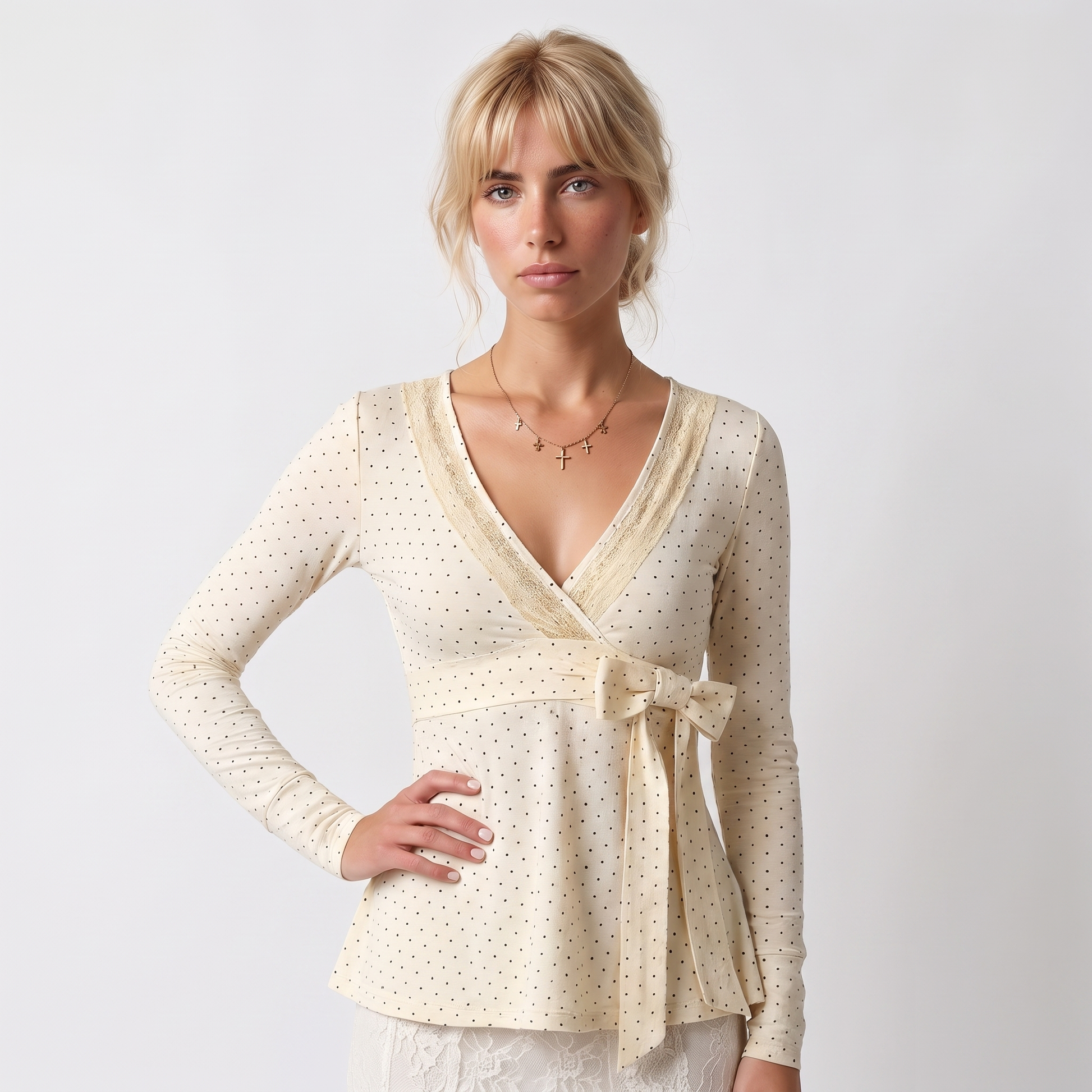 Sunoire polka dot v neck blouse lace up a line top with long sleeves coquette style spring fall layering piece top front crop 01