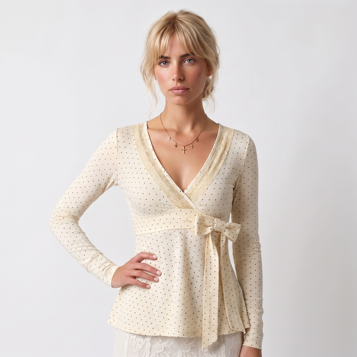Sunoire polka dot v neck blouse lace up a line top with long sleeves coquette style spring fall layering piece top front crop 01