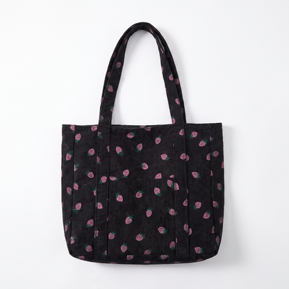Sunoire poppy white strawberry corduroy tote bag colorway black front hero 01