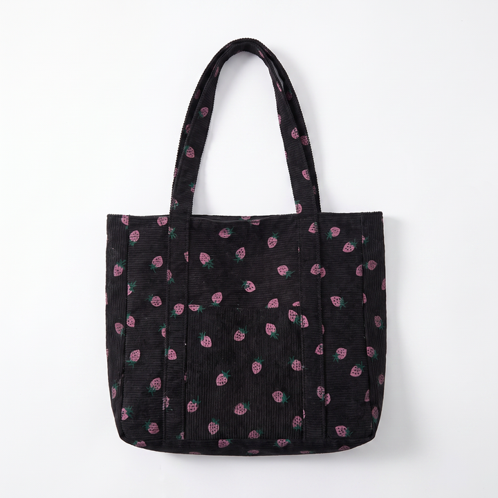Sunoire poppy white strawberry corduroy tote bag colorway black front hero 01