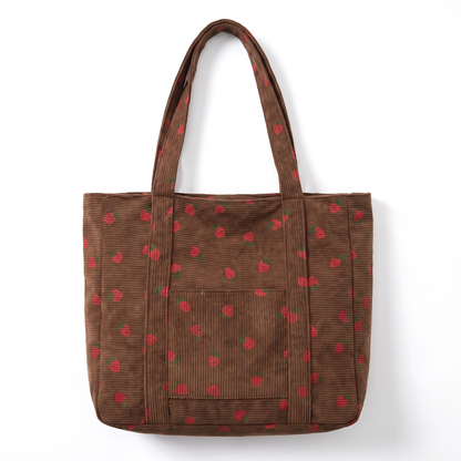 Sunoire poppy white strawberry corduroy tote bag colorway brown front hero 01