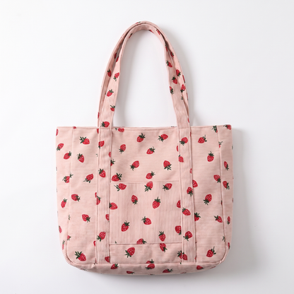 Sunoire poppy white strawberry corduroy tote bag colorway pink front hero 01