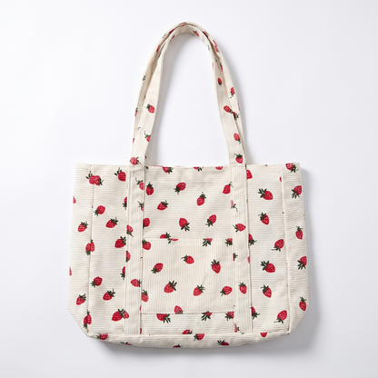 Sunoire poppy white strawberry corduroy tote bag garment flatlay 01