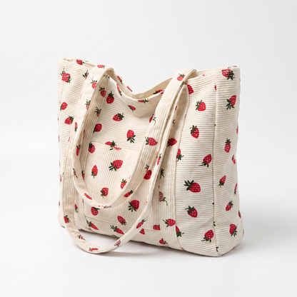 Sunoire poppy white strawberry corduroy tote bag side view 01