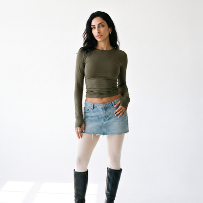 Sunoire popular women s clothing casual long sleeve t shirt spring and autumn solid color slim pullover street wear colorway army green front hero 01