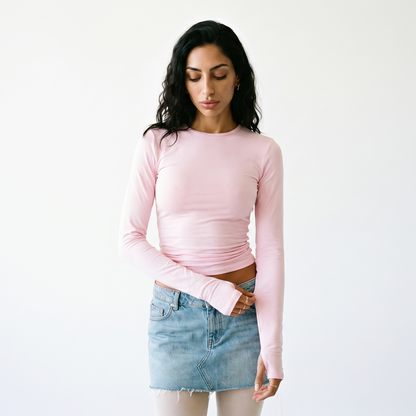 Sunoire popular women s clothing casual long sleeve t shirt spring and autumn solid color slim pullover street wear top front crop 01