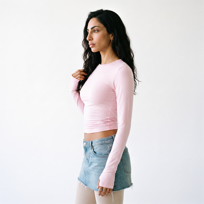 Sunoire popular women s clothing casual long sleeve t shirt spring and autumn solid color slim pullover street wear top side crop 01