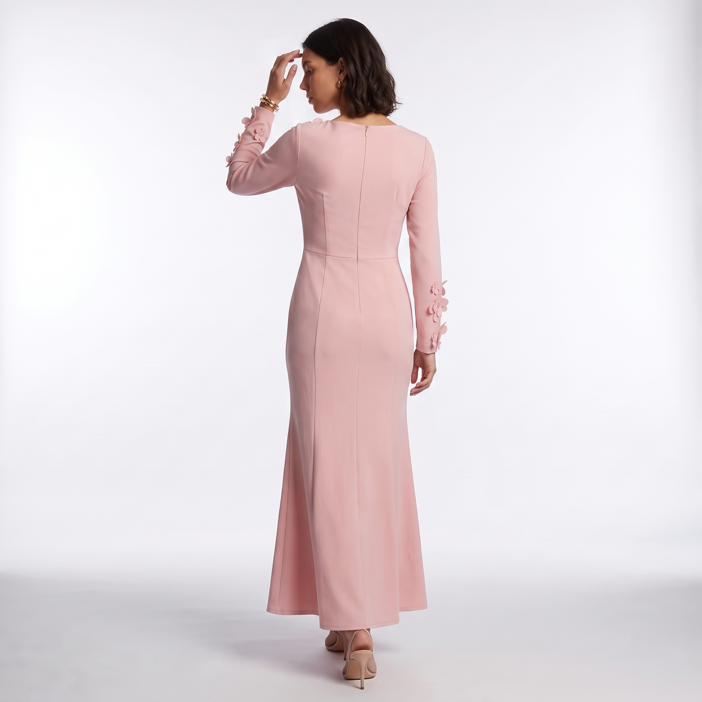 Sunoire premium plus size women office lady crystal natural waist long sleeve mermaid hem dress oem odm customization back view 01