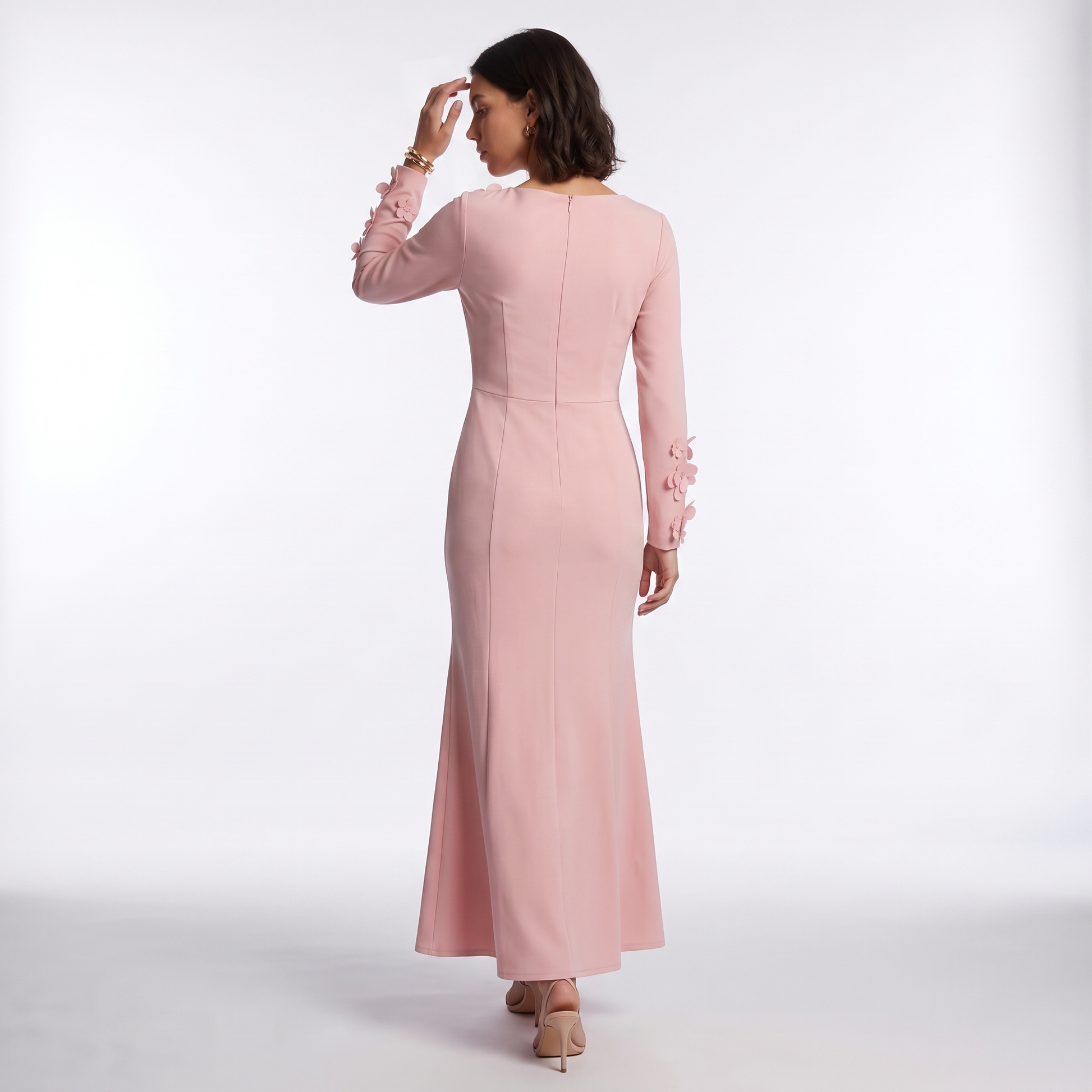 Sunoire premium plus size women office lady crystal natural waist long sleeve mermaid hem dress oem odm customization back view 01