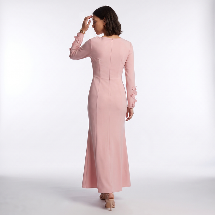 Sunoire premium plus size women office lady crystal natural waist long sleeve mermaid hem dress oem odm customization back view 01