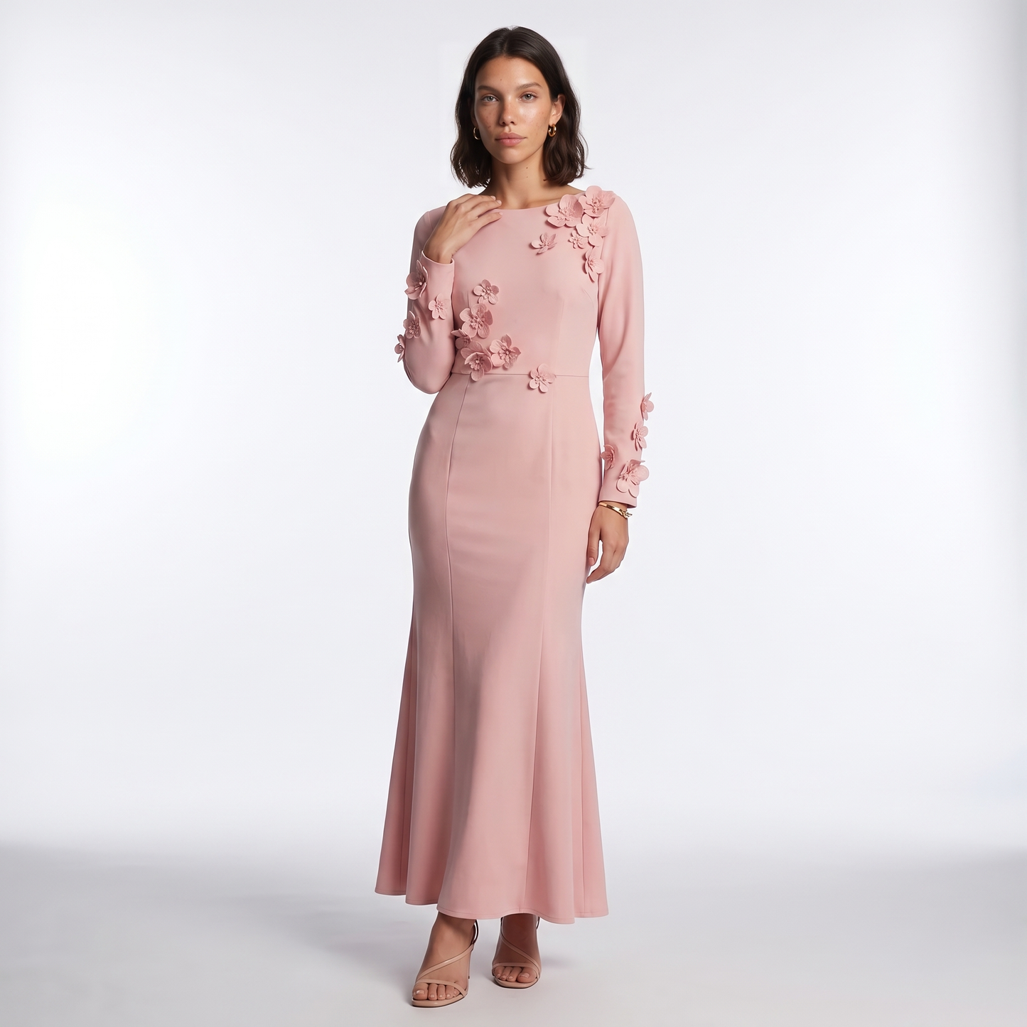 Sunoire premium plus size women office lady crystal natural waist long sleeve mermaid hem dress oem odm customization front hero 01