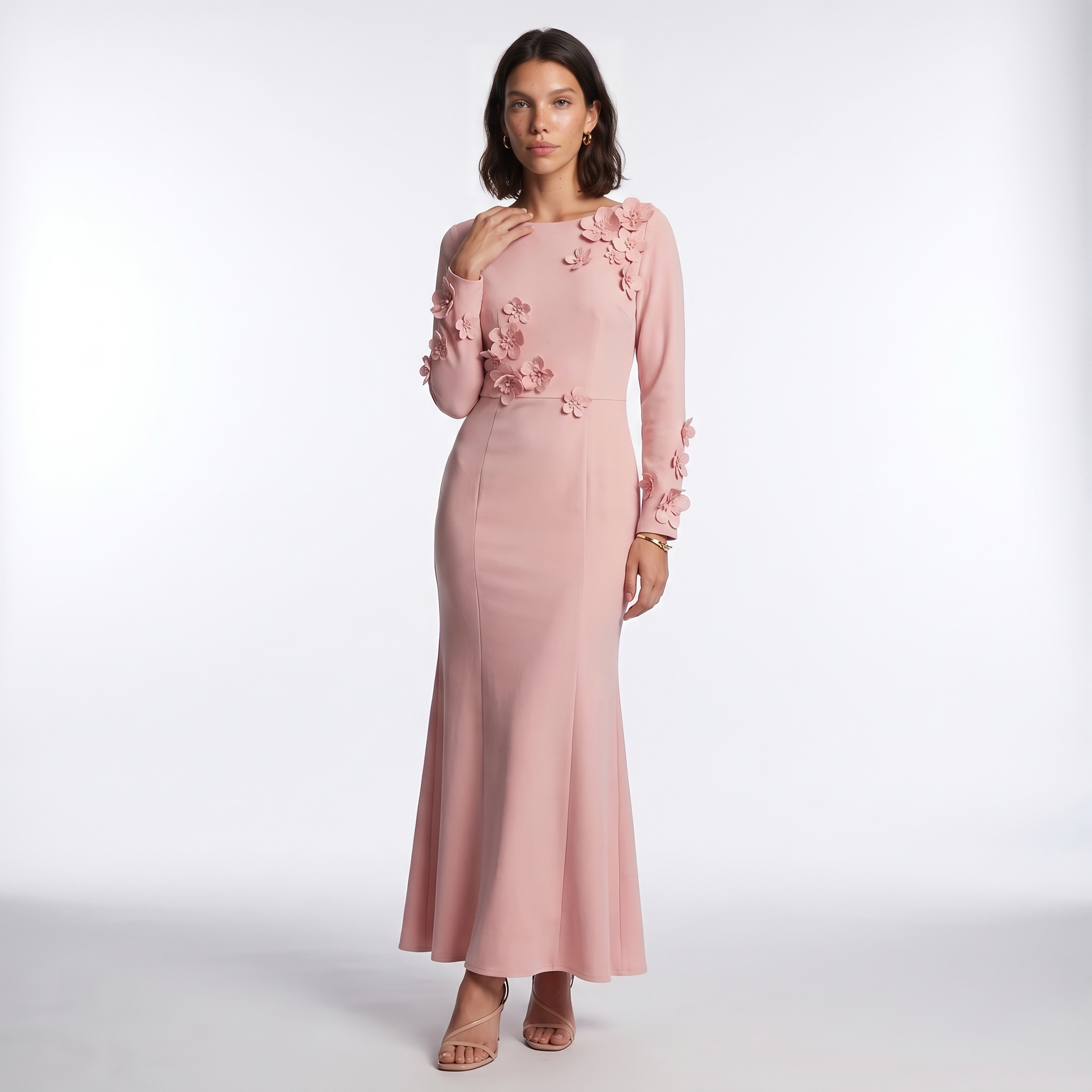 Sunoire premium plus size women office lady crystal natural waist long sleeve mermaid hem dress oem odm customization front hero 01