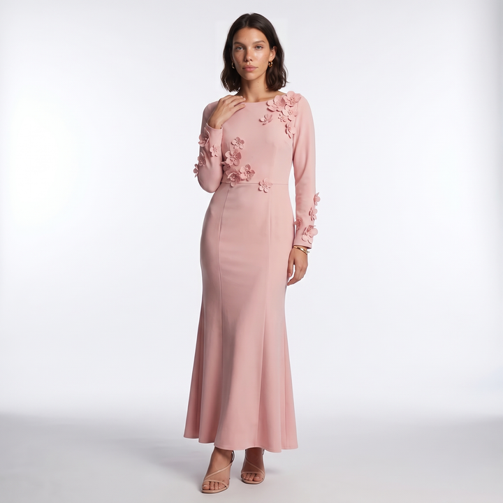 Sunoire premium plus size women office lady crystal natural waist long sleeve mermaid hem dress oem odm customization front hero 01