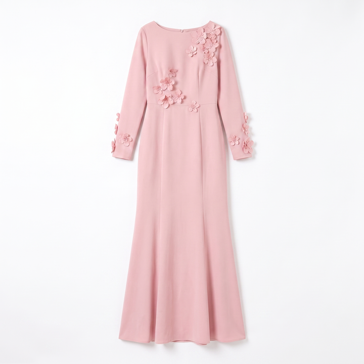Sunoire premium plus size women office lady crystal natural waist long sleeve mermaid hem dress oem odm customization garment flatlay 01