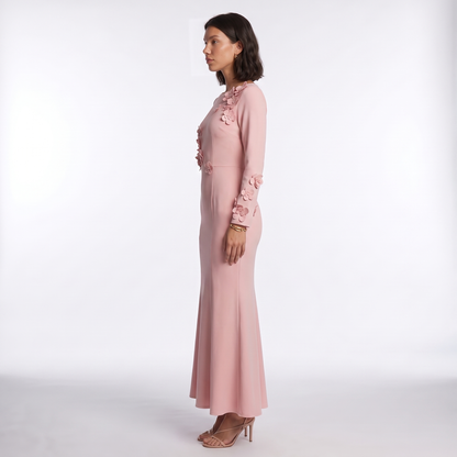 Sunoire premium plus size women office lady crystal natural waist long sleeve mermaid hem dress oem odm customization side view 01
