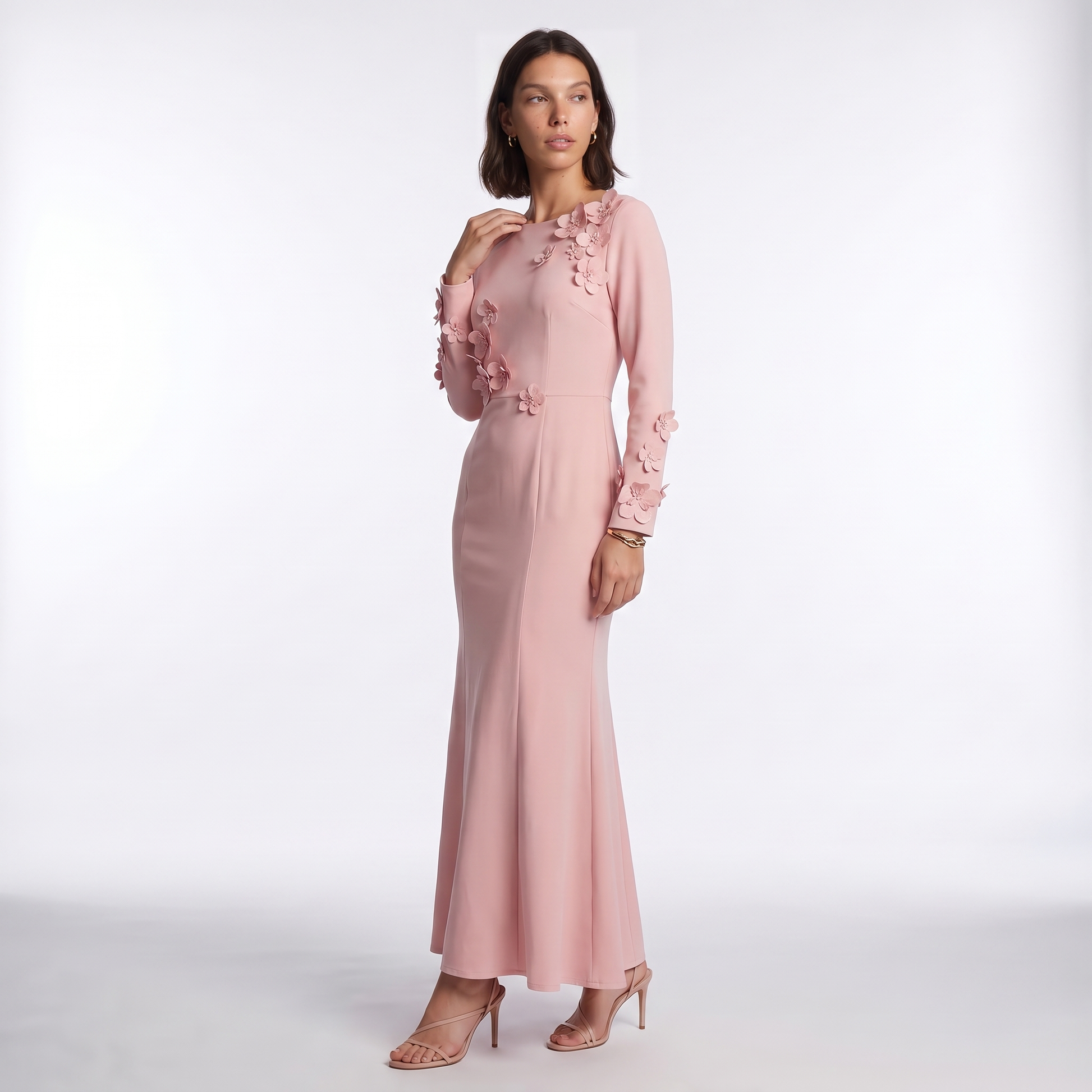 Sunoire premium plus size women office lady crystal natural waist long sleeve mermaid hem dress oem odm customization three quarter 01