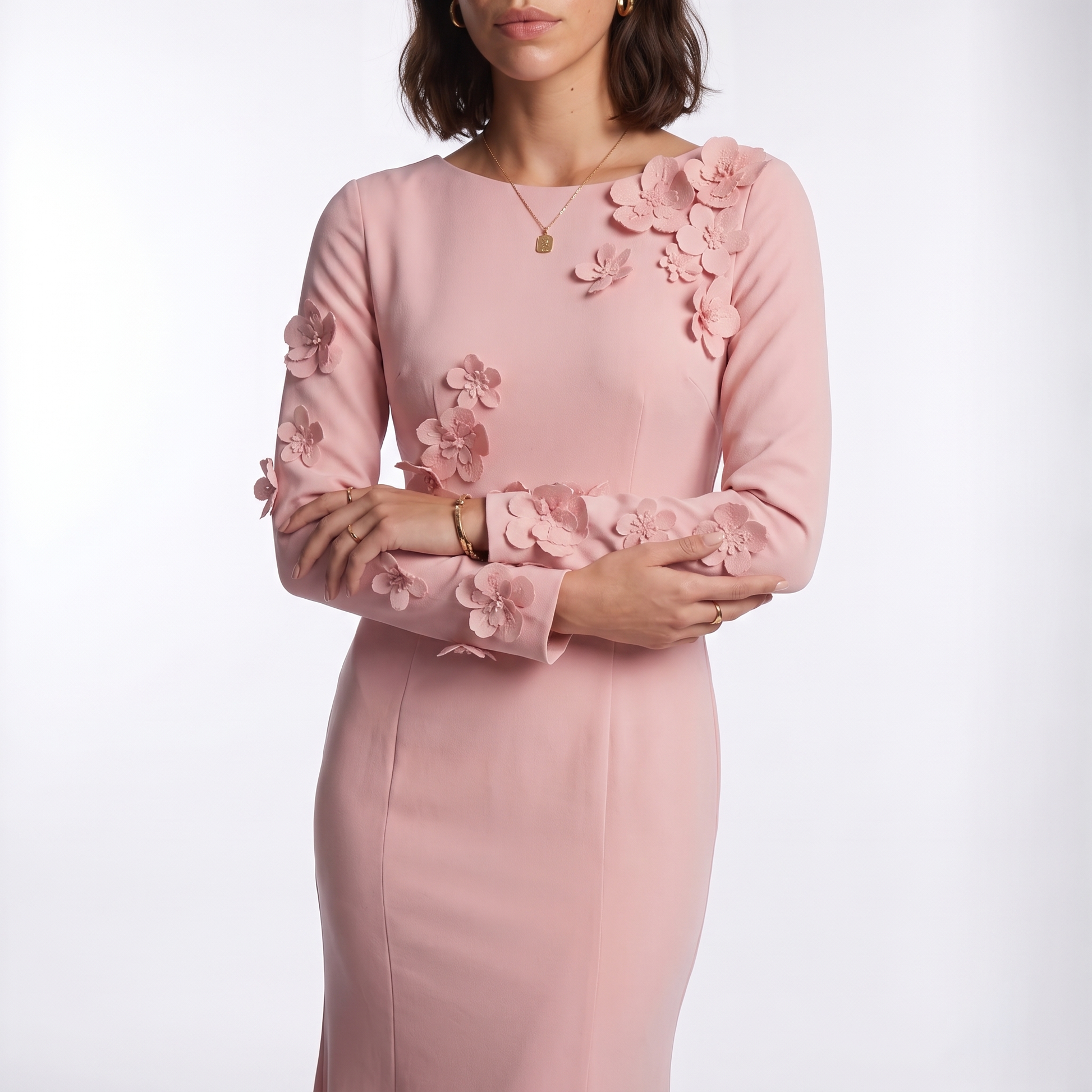 Sunoire premium plus size women office lady crystal natural waist long sleeve mermaid hem dress oem odm customization torso crop 01