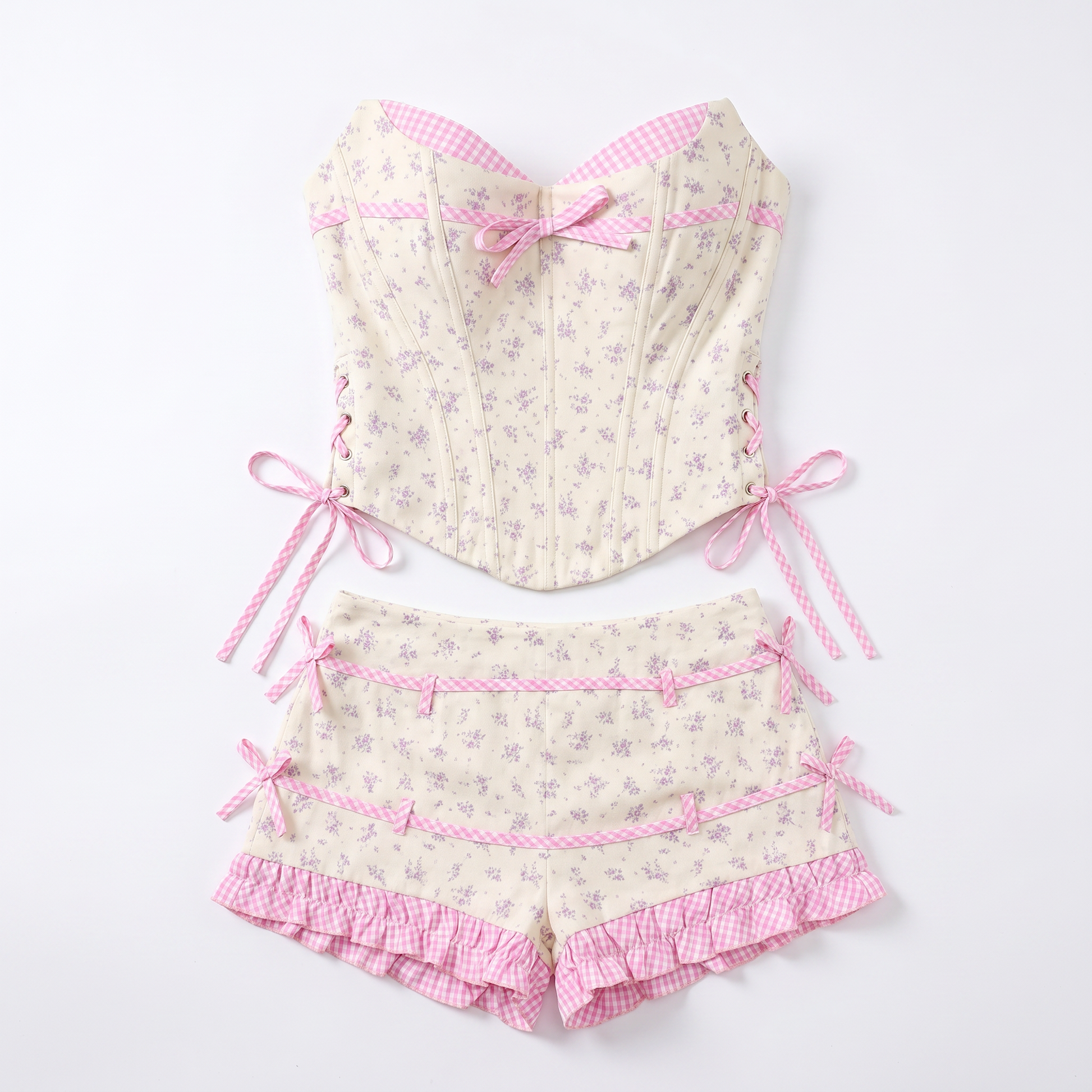 Sunoire quelvaron strapless lace up floral shorts set mannequin floral 01