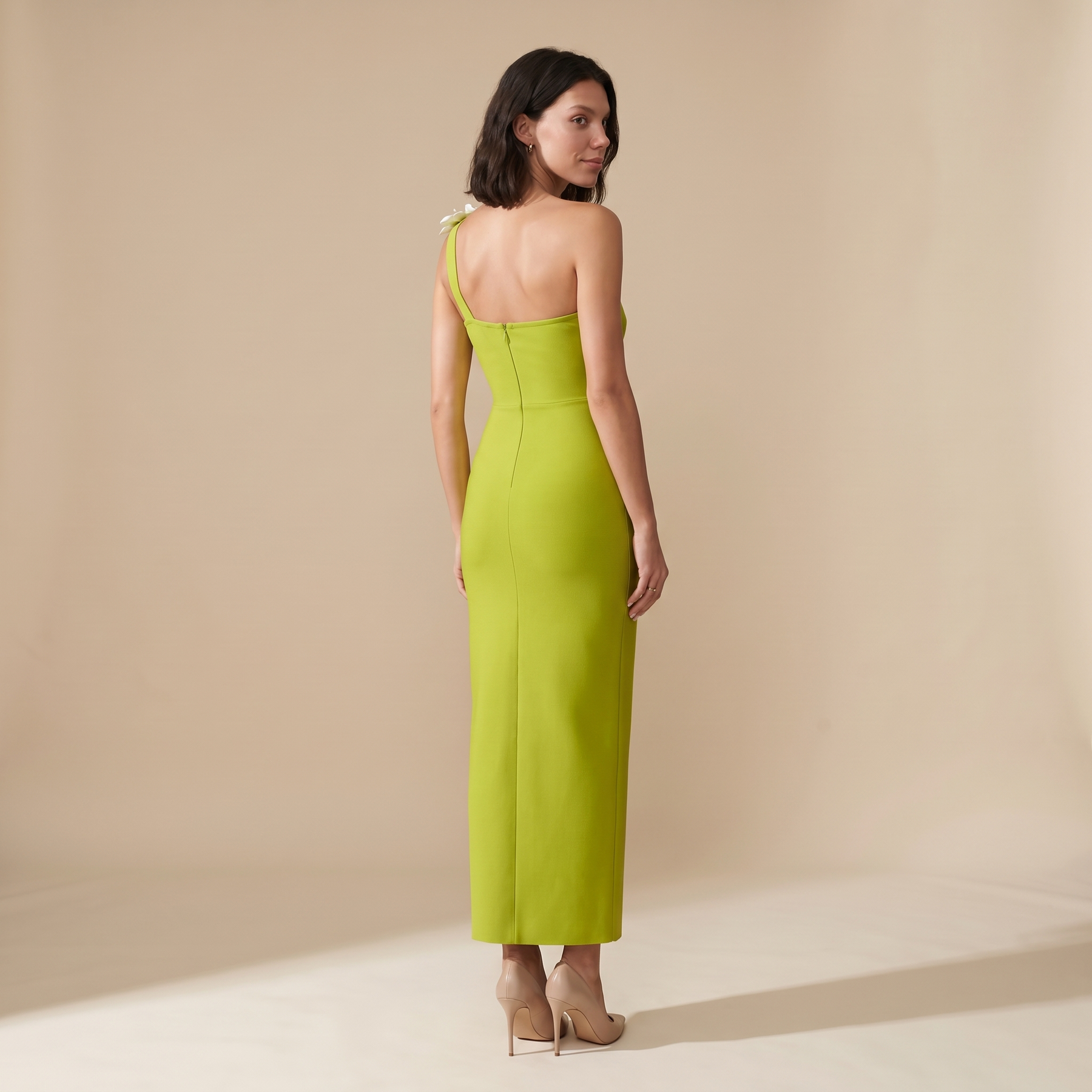 Sunoire rajiv one shoulder flower bandage maxi dress back view 01