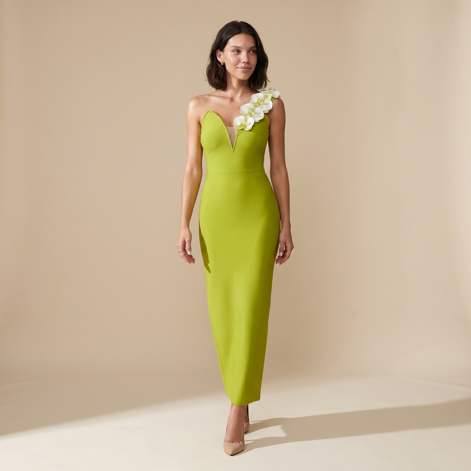 Sunoire rajiv one shoulder flower bandage maxi dress front hero 01