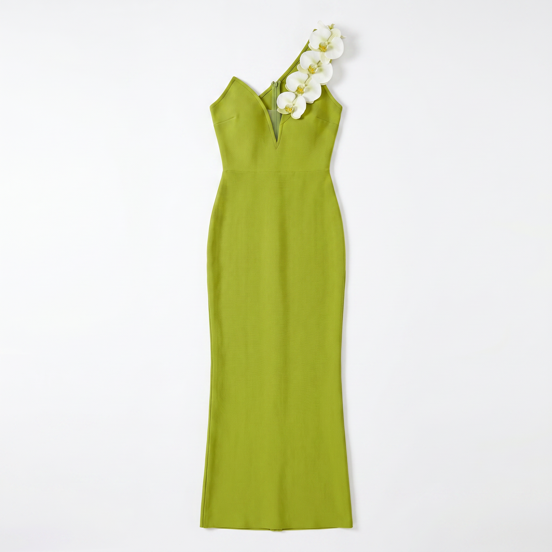 Sunoire rajiv one shoulder flower bandage maxi dress mannequin green 01