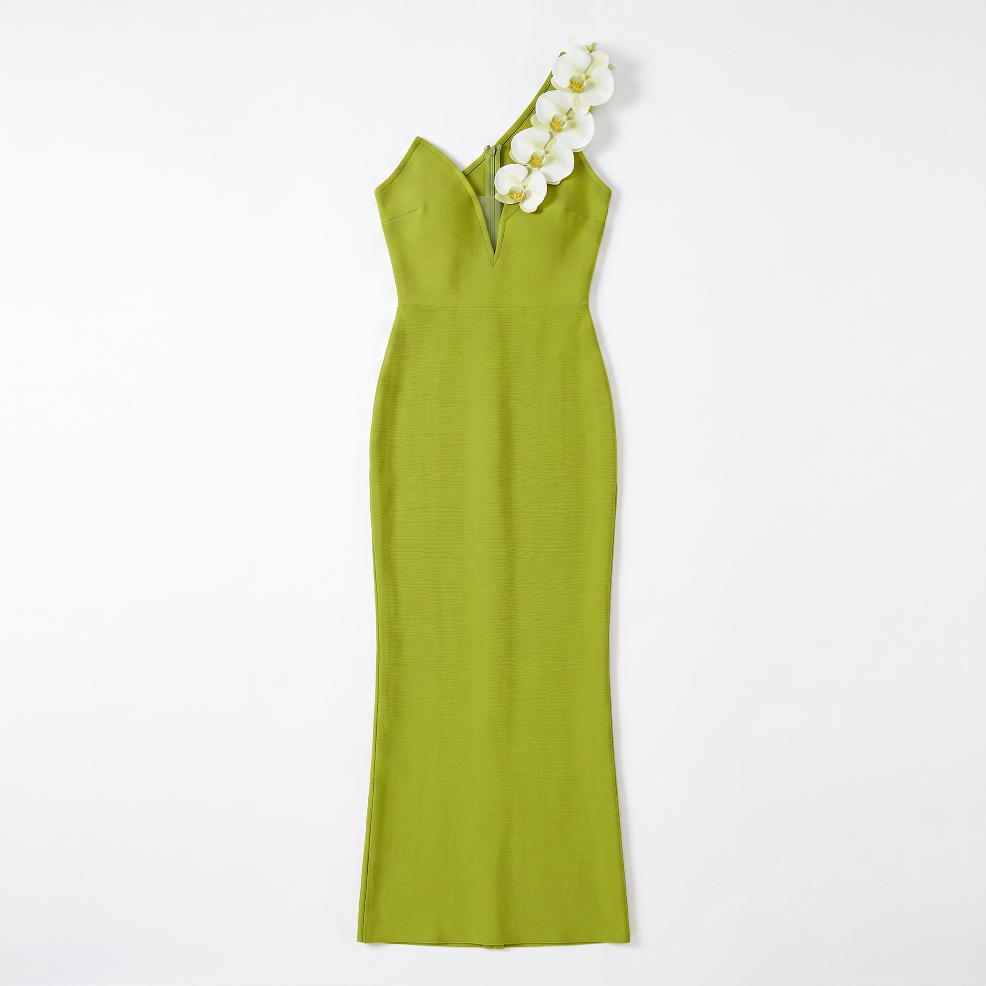 Sunoire rajiv one shoulder flower bandage maxi dress mannequin green 01