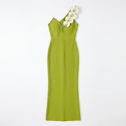 Sunoire rajiv one shoulder flower bandage maxi dress mannequin green 01