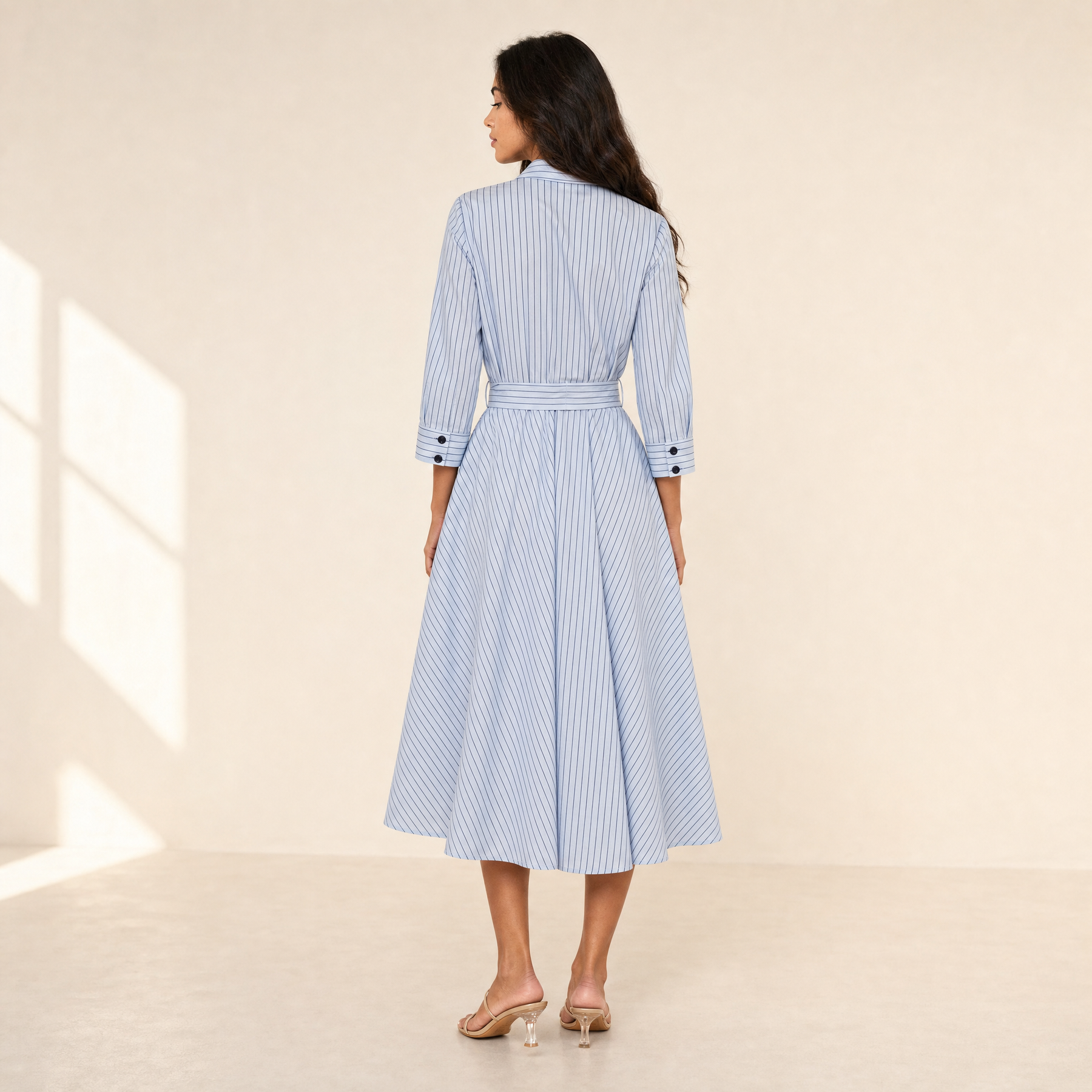 Sunoire ralphie midi dress light blue dark blue stripe back view 01