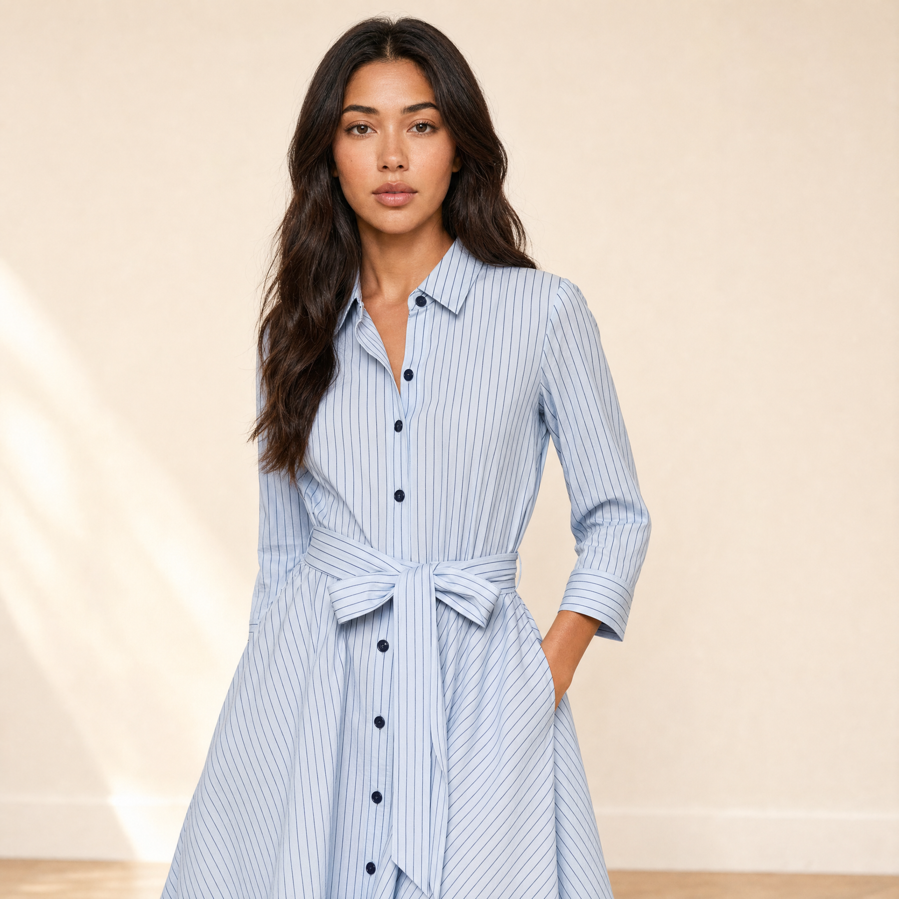 Sunoire ralphie midi dress light blue dark blue stripe detail 01
