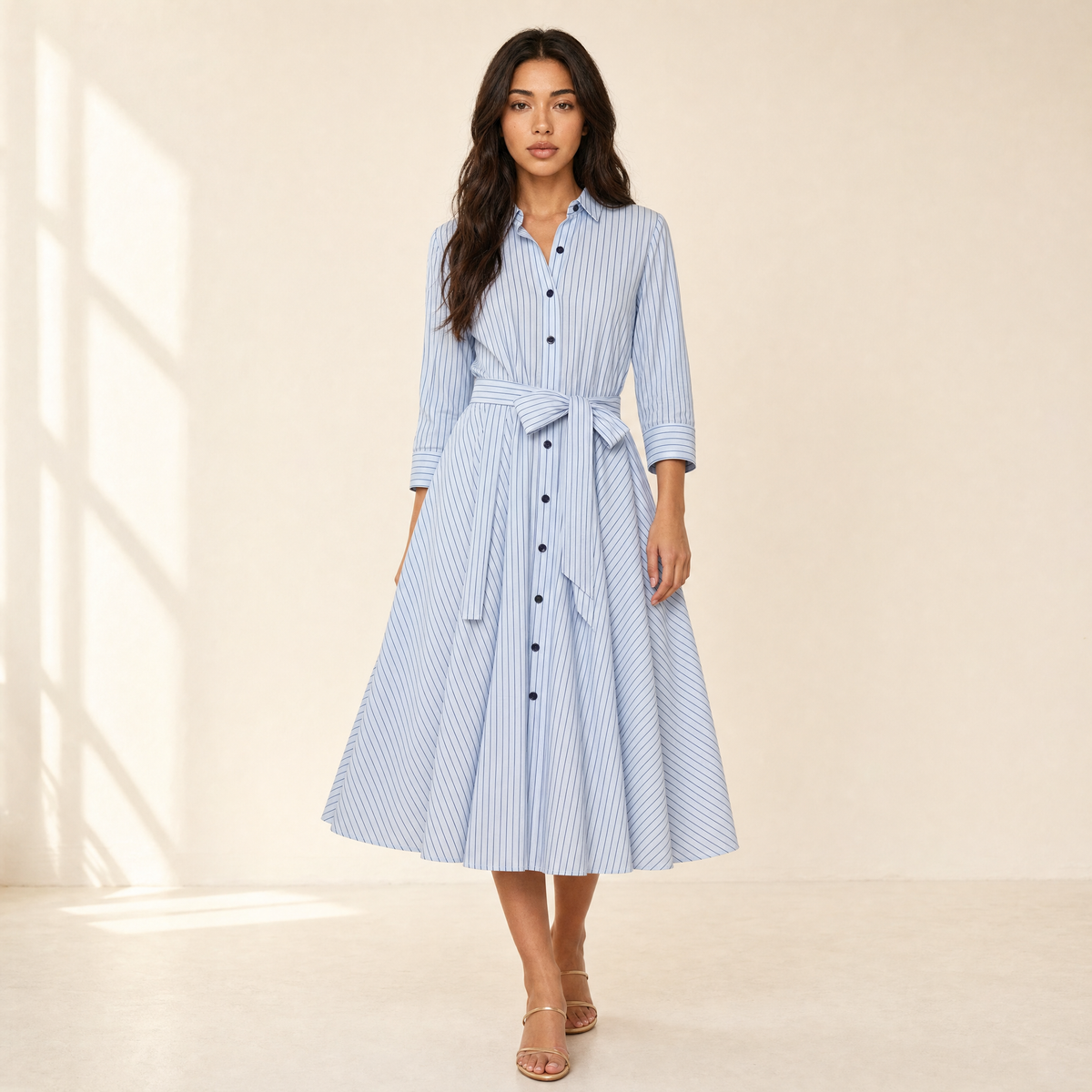 Sunoire ralphie midi dress light blue dark blue stripe front hero 01
