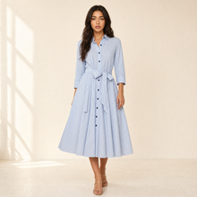 Sunoire ralphie midi dress light blue dark blue stripe front hero 01