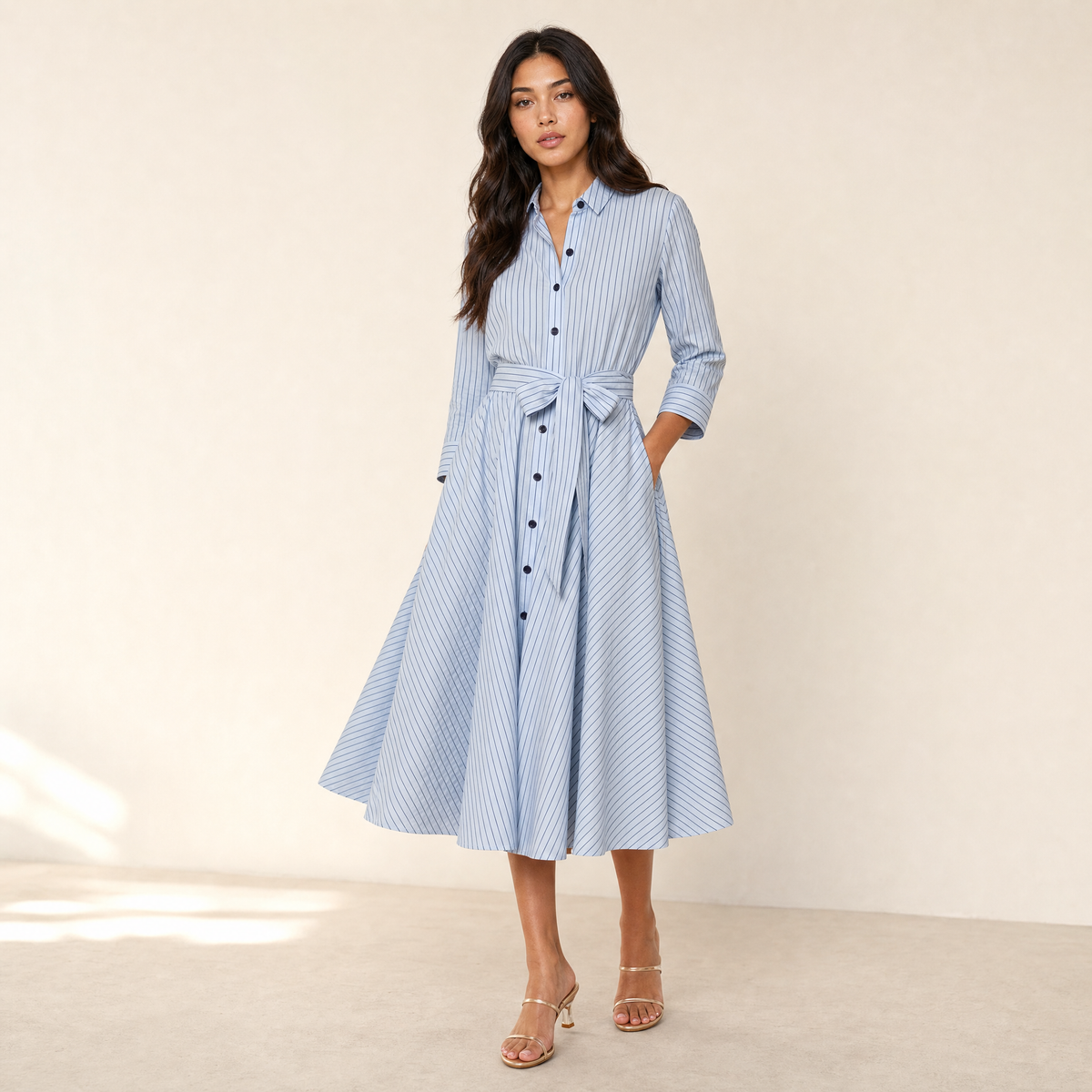 Sunoire ralphie midi dress light blue dark blue stripe three quarter 01
