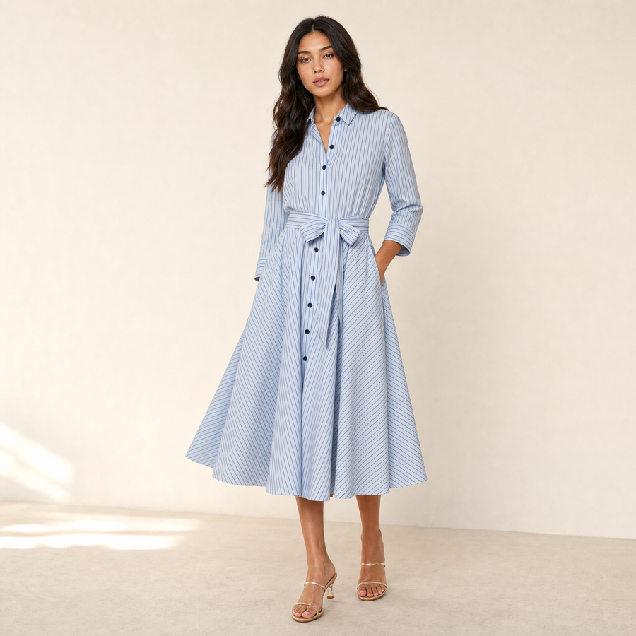 Sunoire ralphie midi dress light blue dark blue stripe three quarter 01