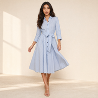 Sunoire ralphie midi dress light blue dark blue stripe walking 01