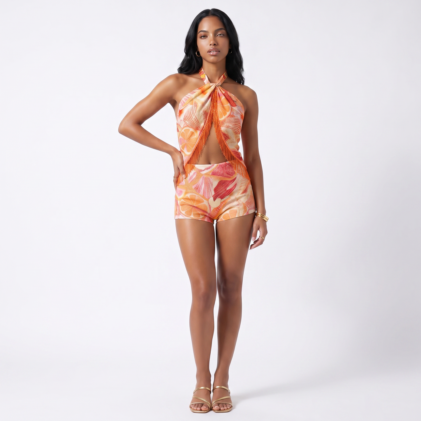 Sunoire ready made printed halter sleeveless sexy crop tops mini skirts two pieces women sets colorway orange skirt set front hero 01