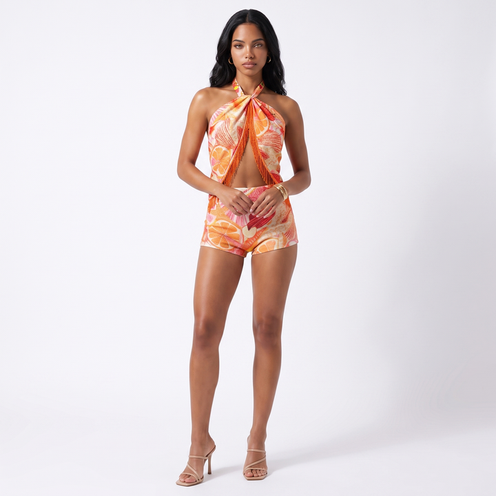 Sunoire ready made printed halter sleeveless sexy crop tops mini skirts two pieces women sets front hero 01