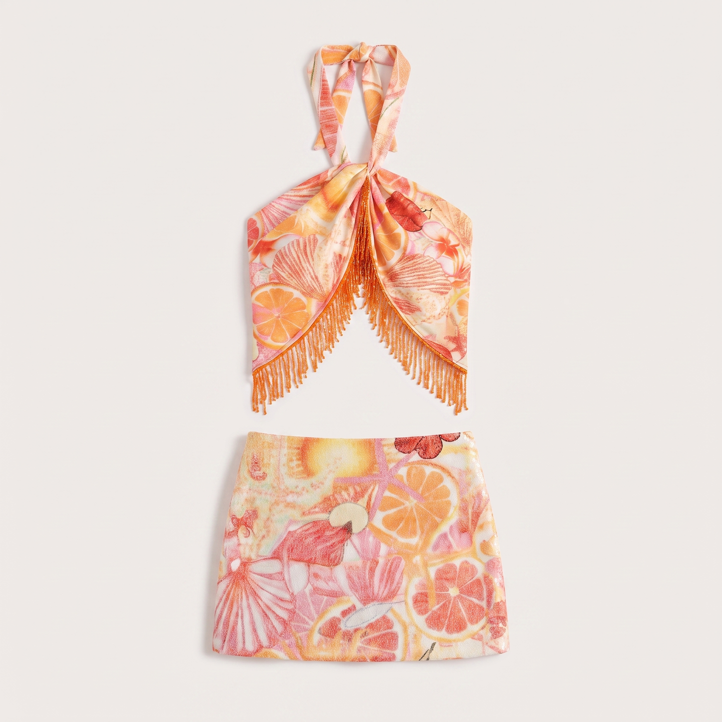 Sunoire ready made printed halter sleeveless sexy crop tops mini skirts two pieces women sets garment flatlay 01