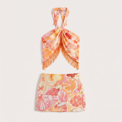 Sunoire ready made printed halter sleeveless sexy crop tops mini skirts two pieces women sets garment flatlay 01