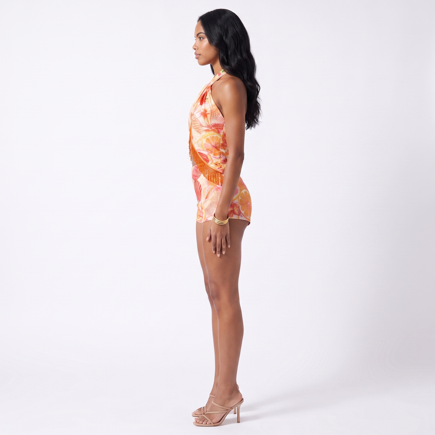 Sunoire ready made printed halter sleeveless sexy crop tops mini skirts two pieces women sets side view 01