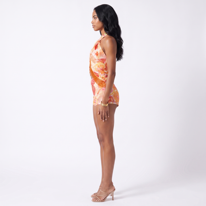 Sunoire ready made printed halter sleeveless sexy crop tops mini skirts two pieces women sets side view 01