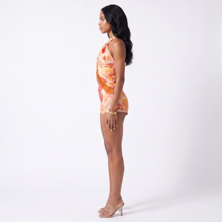 Sunoire ready made printed halter sleeveless sexy crop tops mini skirts two pieces women sets side view 01