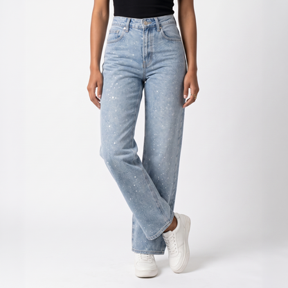Sunoire rechte high waist jeans met subtiele glitterdetails elodie bottom front crop 01