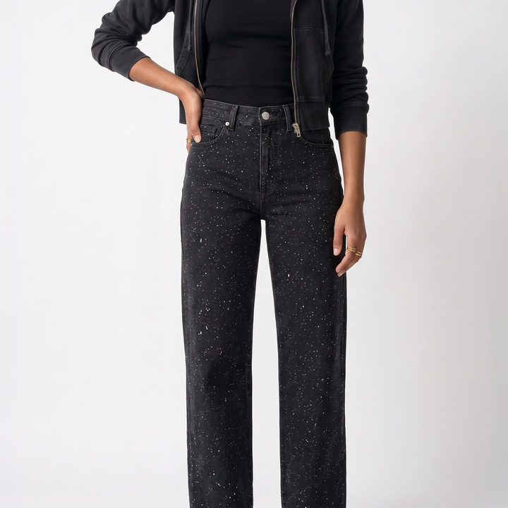 Sunoire rechte high waist jeans met subtiele glitterdetails elodie colorway black front crop 01